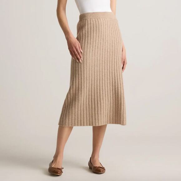 Quince 100% Mongolian Cashmere Beige Oatmeal Ribbed Midi Skirt Size S - Picture 1 of 7
